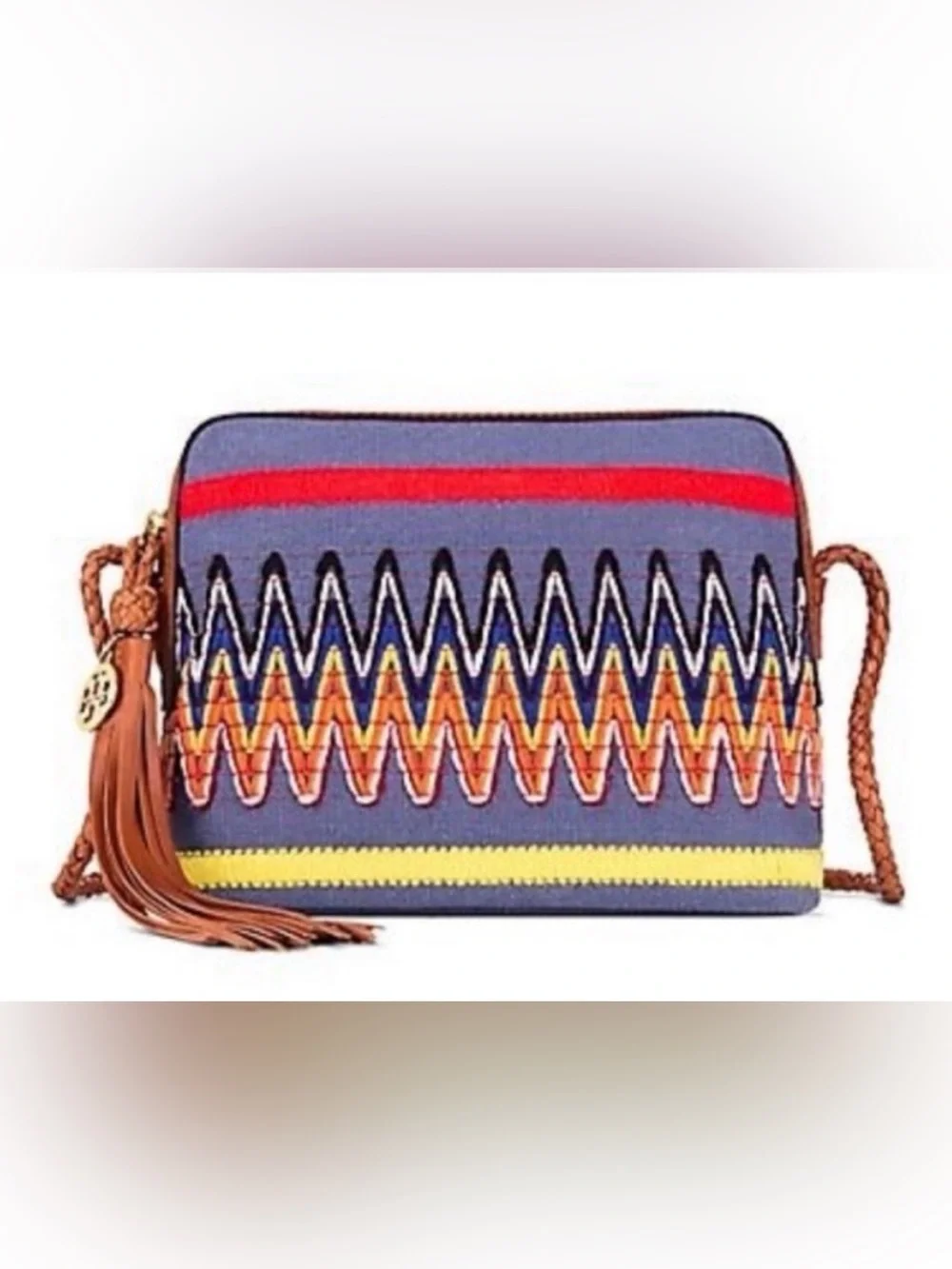 Tory Burch Chambray Blue Multicolor Taylor Embroidered Camera Bag